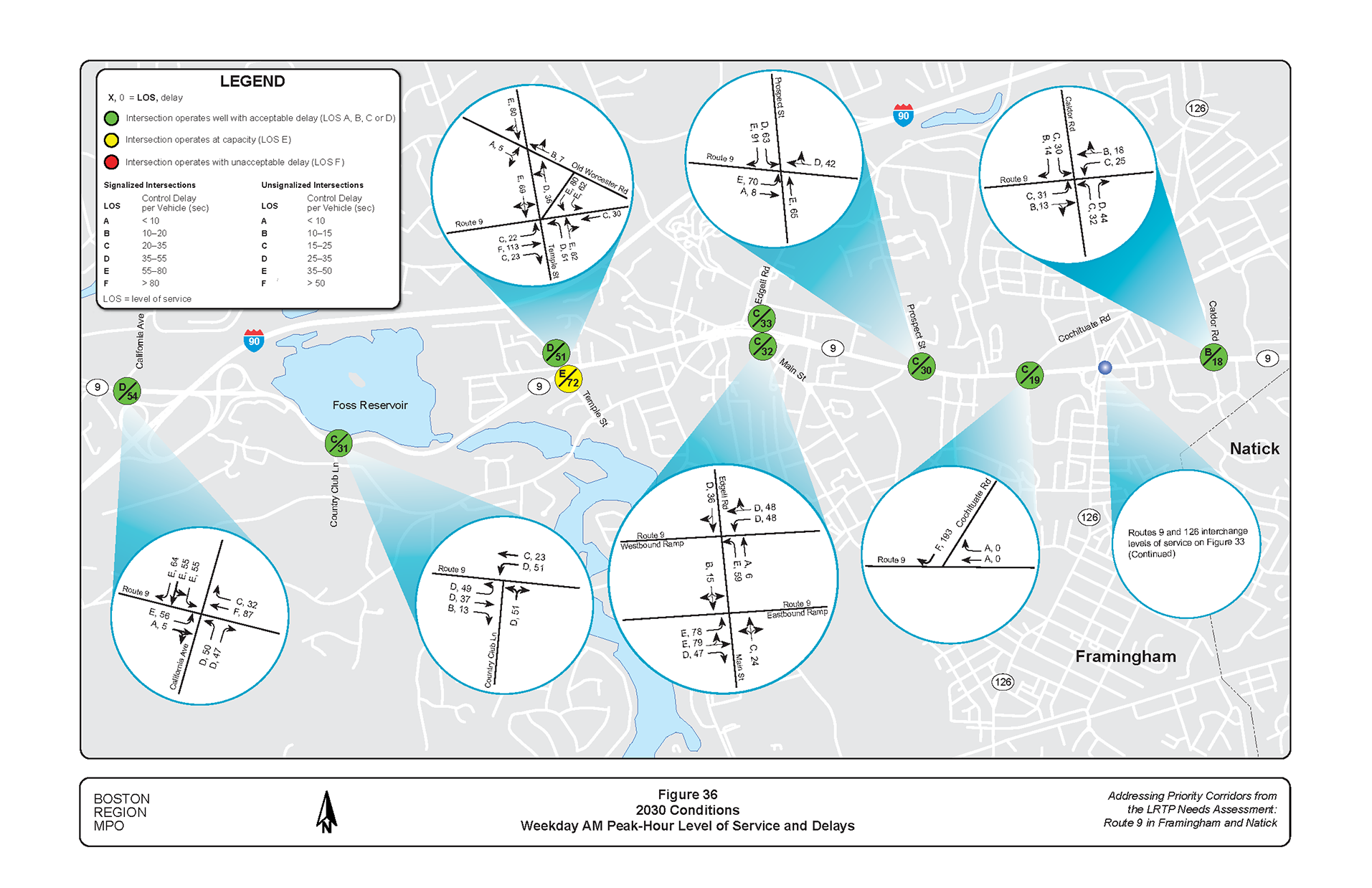 Figure 36 shows weekday AM peak-hour of level of service and delays for 2030 conditions. 1 of 2.